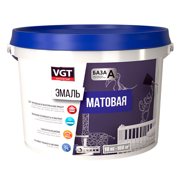ВГТ Эмаль универсальная матовая супербелая база А, 0,8кг