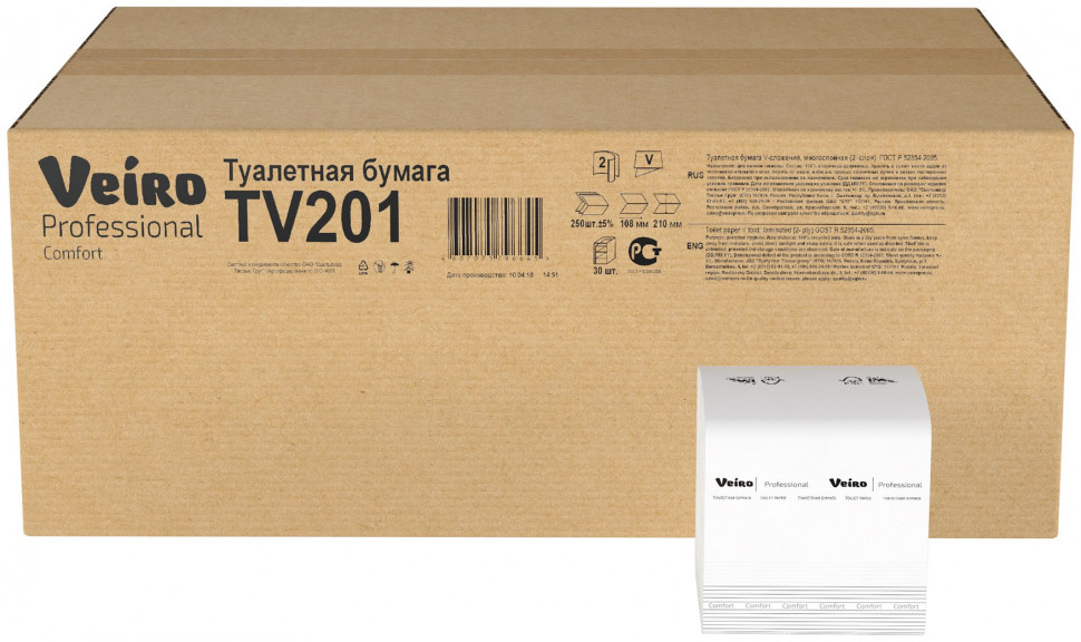 VEIRO: Туалетная бумага в листах Professional Comfort V-сл, 2сл, 250лст, 210*108мм, 30пач/уп, белая, пач