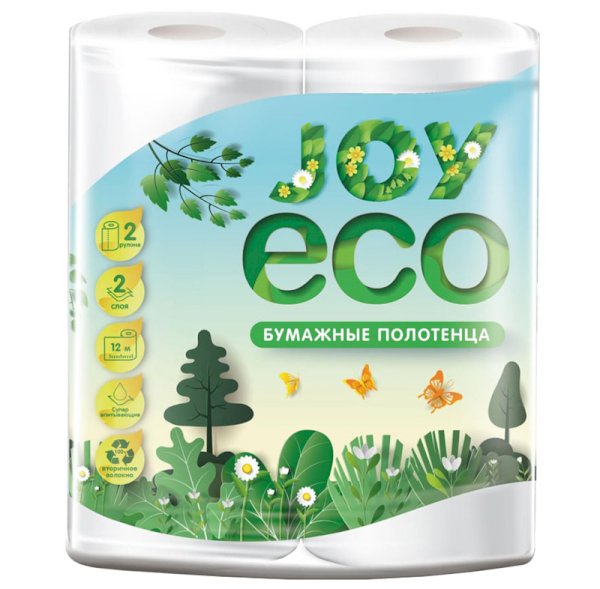 Полотенца бумажные 2-слойные белые (2 рулона в упаковке) JOY eco