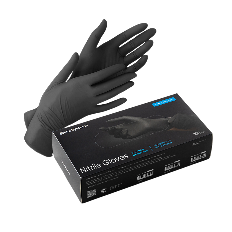 Shine Systems Nitrile Gloves защитные универсальные нитриловые неопудренные перчатки размер "L" цвет черный 100шт