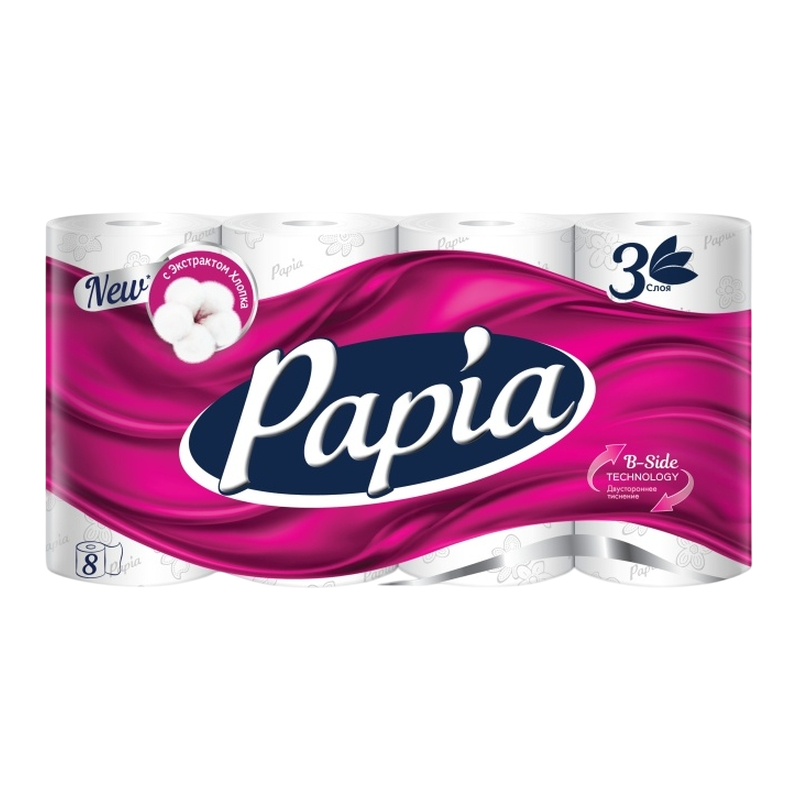 Туалетная бумага PAPIA DELUXE, белая, 4 слоя, 16.1м, 8 рул/спайка