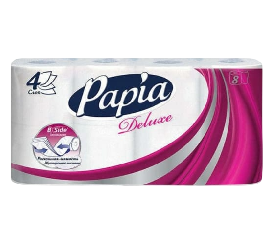 Туалетная бумага PAPIA DELUXE, белая, 4 слоя, 16.8м, 8 рул/спайка