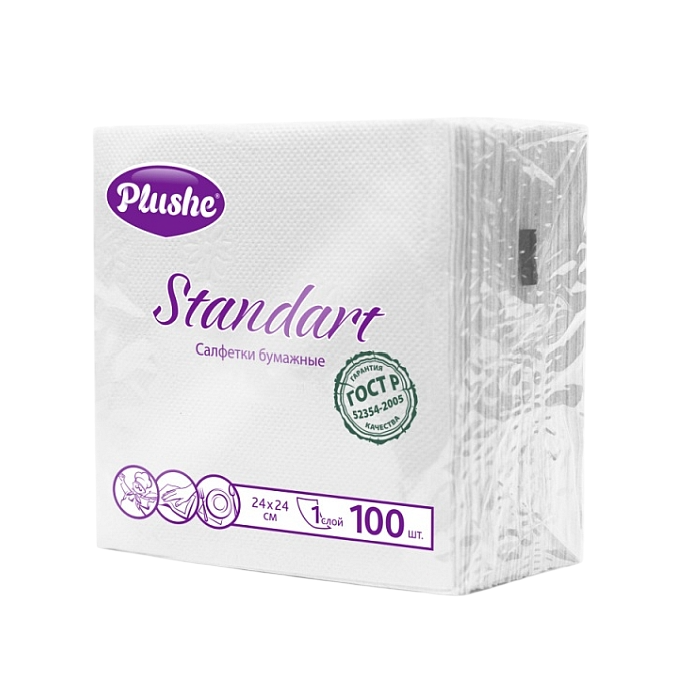 Салфетки PLUSHE STANDART, 1 слой, белые, 24х24см, 100 листов