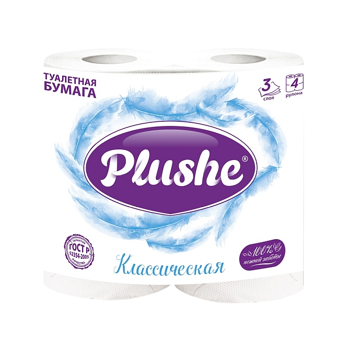 Туалетная бумага Plushe Deluxe Light «Классическая» белая, 3 слоя, 4 рулона