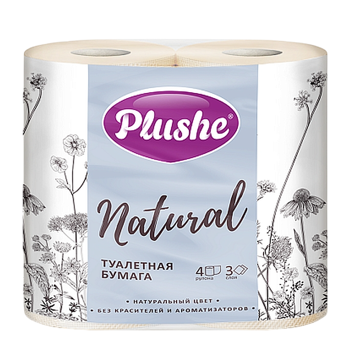 Туалетная бумага Plushe Natural 3 слоя, белая, 4 рулона