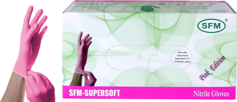 Перчатки нитриловые неопудренные SFM SUPERSOFT PINK размер M, текстурированные на пальцах, розовые, 100 пар
