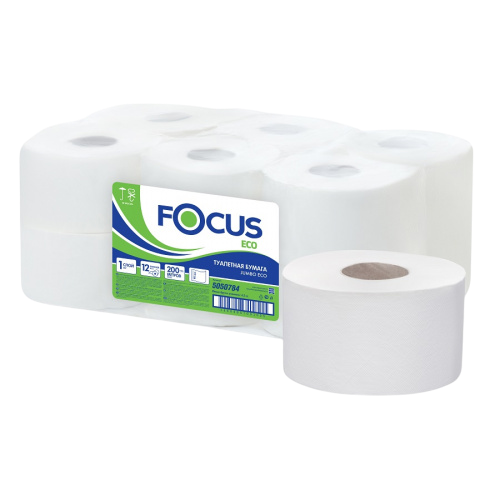 Туалетная бумага FOCUS ECO JUMBO 200м, 1 слой, белая, 12рул/спайка
