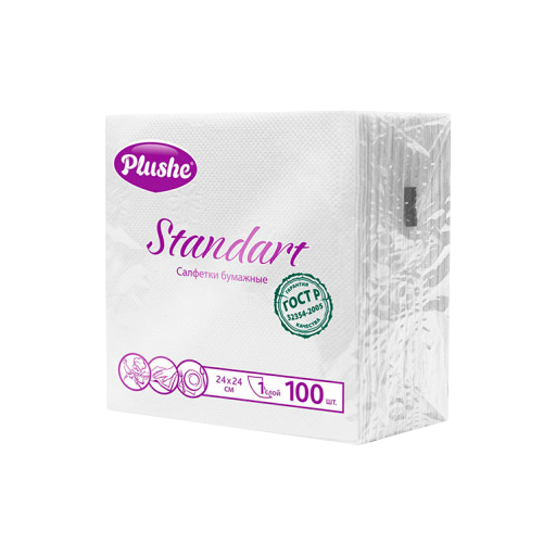 Салфетки PLUSHE SUPER 100, СТАНДАРТ, 1 слой, белые, 24х24см, 75 листов