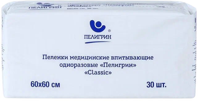Пеленки-простыни впитывающие 60x60см, ПЕЛИГРИН «Classic» 5 слоев, одноразовые, 30шт