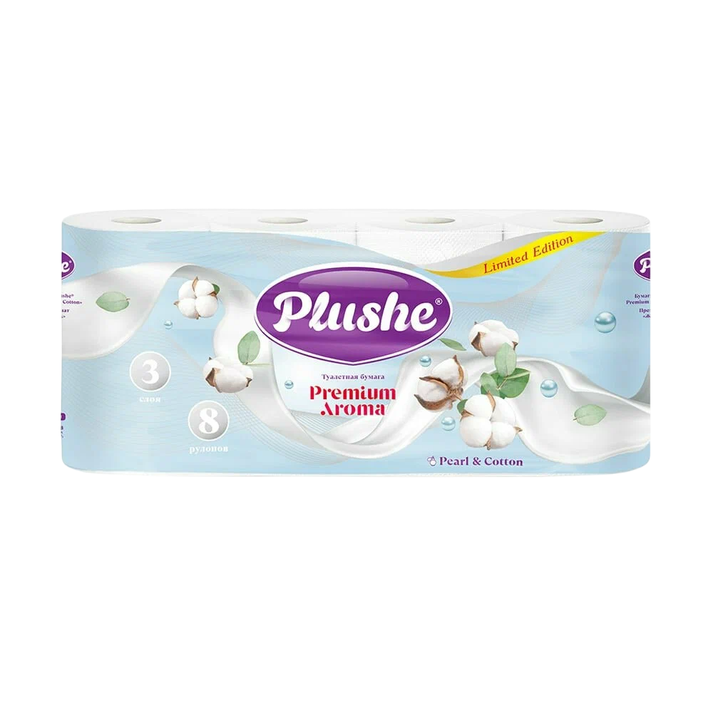 Туалетная Бумага Plushe Premium Aroma «Pearl, Cotton», белая, ароматизированная, 3 слоя, 8 рулонов