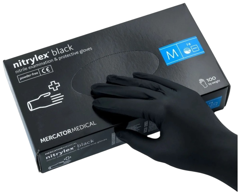 Перчатки нитриловые неопудренные NITRILEX MERCATOR размер M, черные, текстурированные на пальцах, 50пар