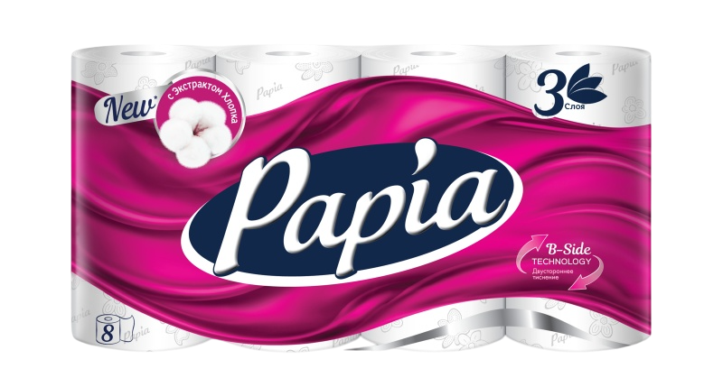 Туалетная бумага PAPIA, белая, 3 слоя, 16.8м, 8 рул/спайка