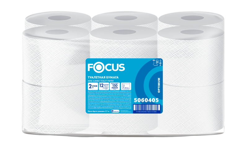 Туалетная бумага FOCUS MIINI JUMBO 2 слоя, 150м, 12 рул/спайка