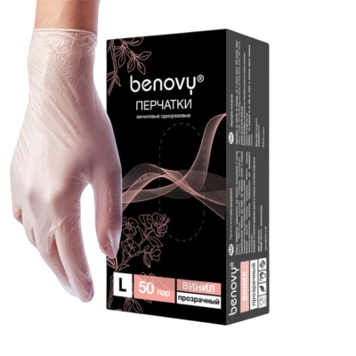 Перчатки виниловые неопудренные прозрачные BENOVY размер L